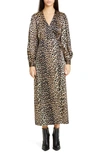 GANNI LEOPARD PRINT LONG SLEEVE SILK SATIN MIDI WRAP DRESS,F3653