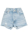 Agolde Parker Long Distressed Organic Denim Shorts In Blue