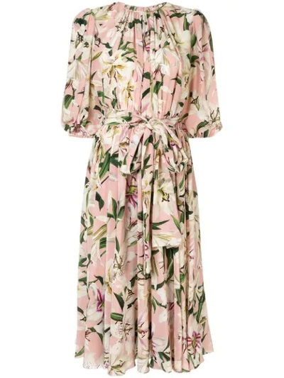 Dolce & Gabbana Belted Floral-print Silk-georgette Midi Dress In Pink