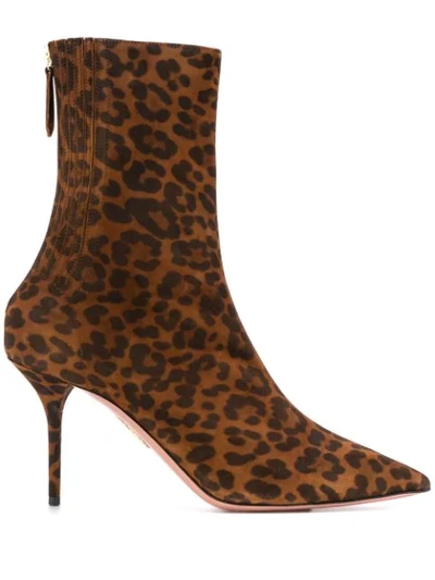 Aquazzura Saint Honoré 85 Leopard-print Suede Sock Boots In Brown