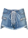 BEN TAVERNITI UNRAVEL PROJECT DESTROYED LACE-UP DENIM SHORTS