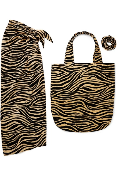 Faithfull The Brand Tiger-print Cotton Pareo, Tote And Hair Tie Set In Zebra Print