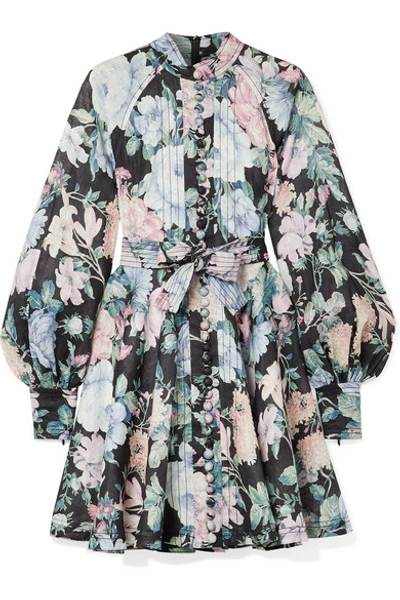 Zimmermann Verity Roulou Belted Floral-print Linen Dress In Sky Blue