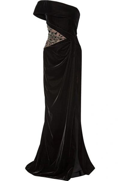 Marchesa One-shoulder Embellished Tulle-paneled Velvet Gown In Black