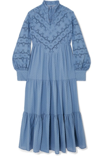 Anna Mason Kristina Broderie Anglaise And Swiss-dot Cotton Midi Dress In Blue