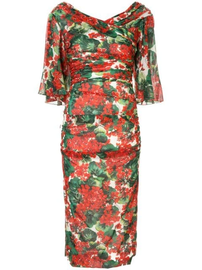 Dolce & Gabbana Ruched Geranium-print Silk-blend Midi Dress In Red