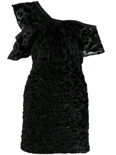 Self-portrait One-shoulder Metallic Flocked Chiffon Mini Dress In Black