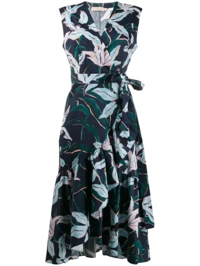 Tory Burch Ruffled Floral-print Cotton-poplin Wrap Dress In Navy