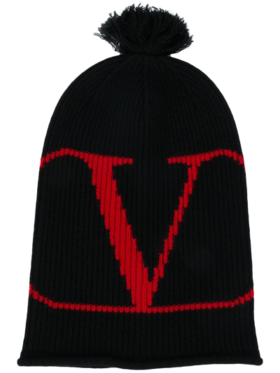 Valentino Garavani Wool-cashmere Logo Beanie In Nero Rosso