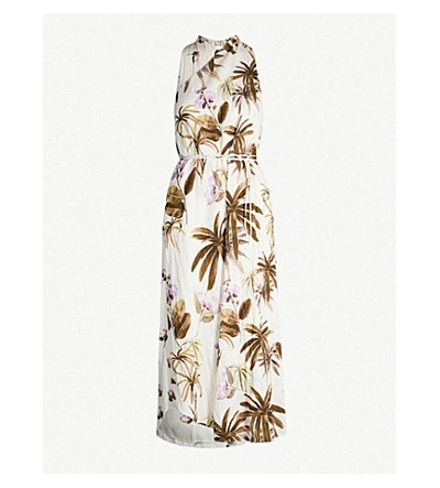 Vince Floral-print Crinkled-crepe Halterneck Midi Dress In Pale Alder