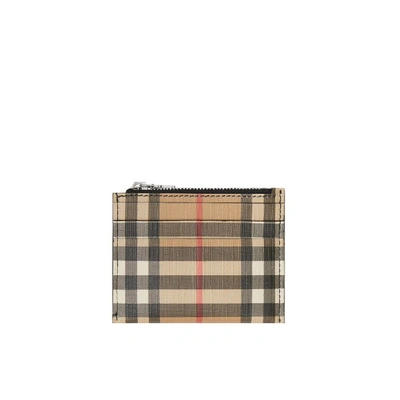 Burberry Vintage Check And Leather Zip Card Case In Dark Beige