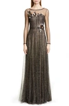 MARCHESA NOTTE LONG SLEEVE SHIMMER TULLE GOWN,N31G0916