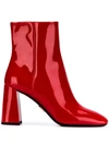Prada Block Heel Patent Leather Bootie In Red