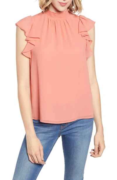 1.state Flutter Sleeve Smocked Neck Blouse In Coral Coast