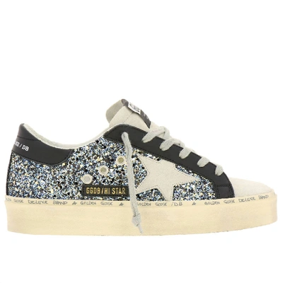 Golden Goose Hi Star Sneakers In Glitter Fabric With Suede Star And Platform Sole In Charcoal