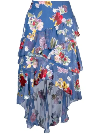 Alice And Olivia Mariel Floral Asymmetric Tiered Ruffle High-low Midi Skirt In Colorful Bouquet Riviera