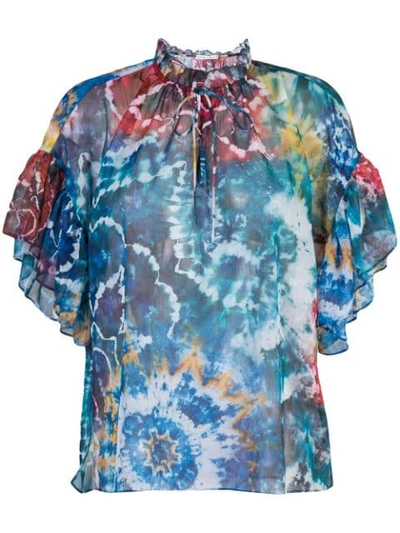 Alice And Olivia Julius Tie-dye Ruffle-sleeve Tunic Top In Blue