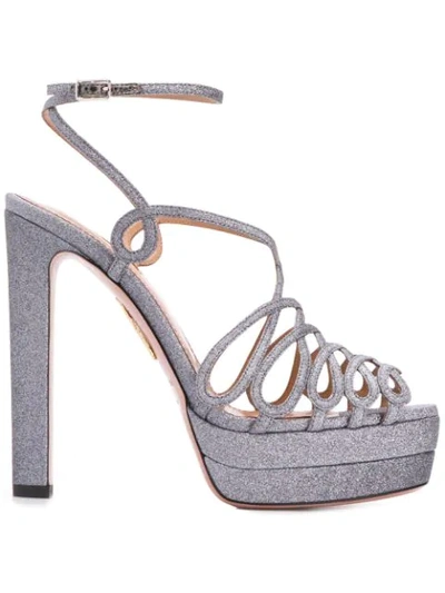 Aquazzura Monroe Plateau 130 Glittered Woven Platform Sandals In Silver