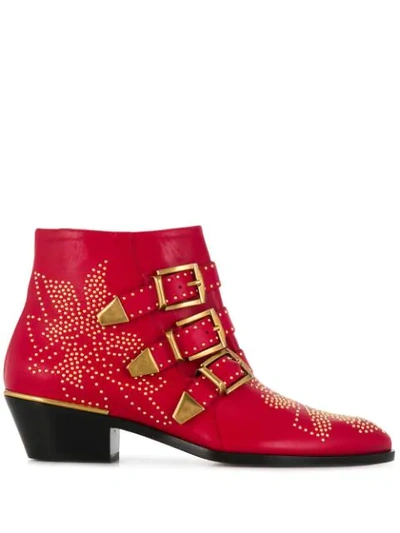 Chloé Susanna Low Heels Ankle Boots In Red Leather
