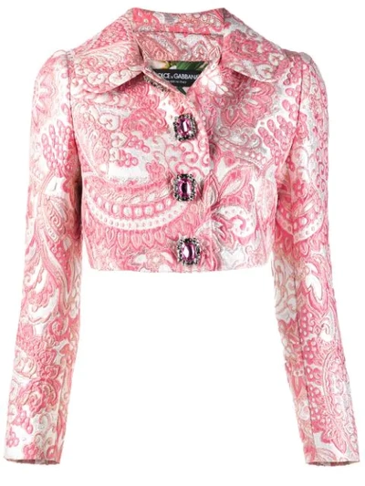 Dolce & Gabbana Cropped Lamé Jacquard Jacket With Bejeweled Buttons In S8350 Jacquard