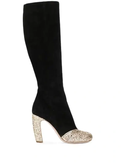 Miu Miu Knee Length Glitter Boots In Black,gold