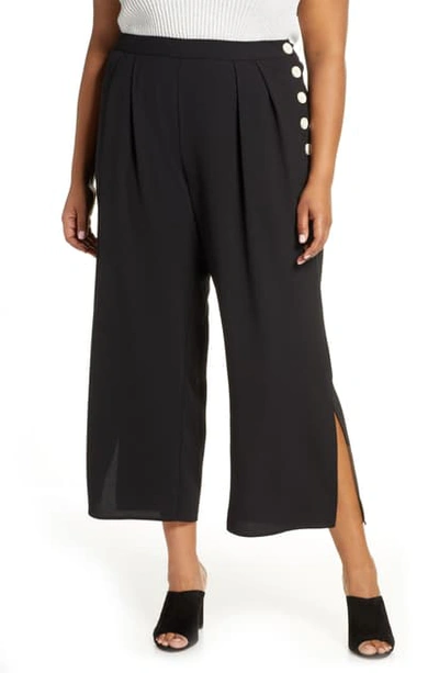 Vince Camuto Side Button Summer Crepe Wide Leg Crop Trousers In Rich Black