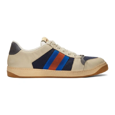 Gucci Men's Screener Distressed Leather Web Sneakers In Off-white / Navy