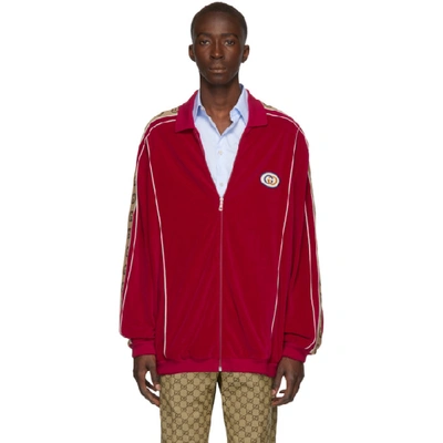 Gucci Oversized Logo-appliquéd Webbing-trimmed Piped Velvet Track Jacket In 6503 Red