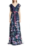 MARCHESA NOTTE FLORAL JACQUARD CHIFFON GOWN,N32G0931