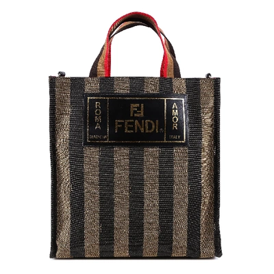 Fendi Striped Top Handle Tote Bag In Brown