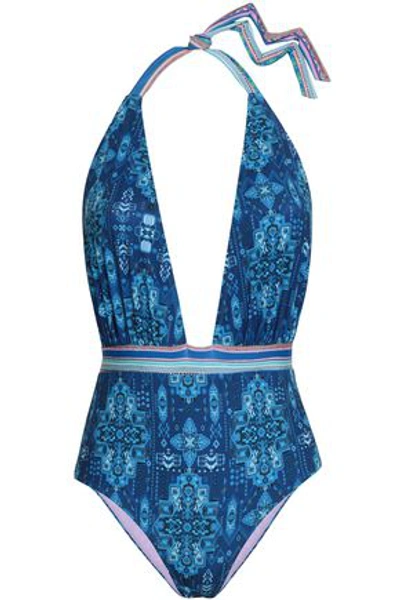 Matthew Williamson Inca Jewel Printed Halterneck Swimsuit In Blue