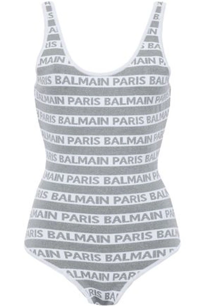 Balmain Open-back Metallic Intarsia-knit Bodysuit In Silver