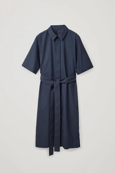 Cos Belted Cotton Shirt Dress In Blue