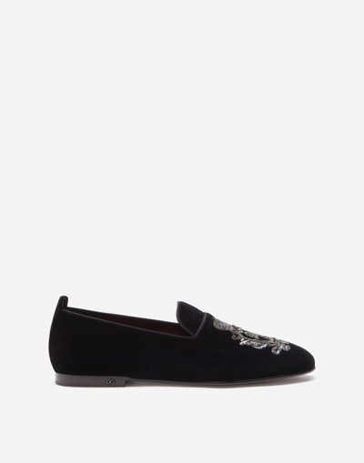 Dolce & Gabbana Velvet Slippers With Coat Of Arms Embroidery In Black