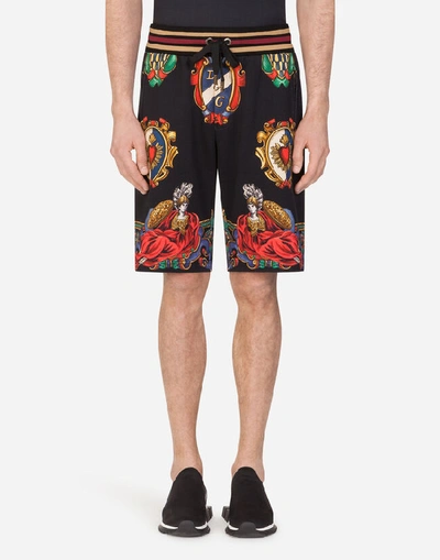 Dolce & Gabbana Jersey Jogging Shorts With Emblem Print In Black,multi