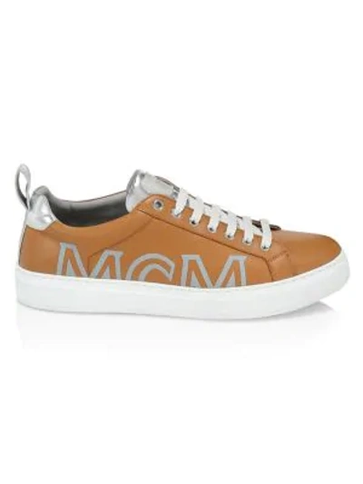 Mcm Men's Low-top Logo Sneakers In Rubberized Leather In Cognac | Cognac And Silver