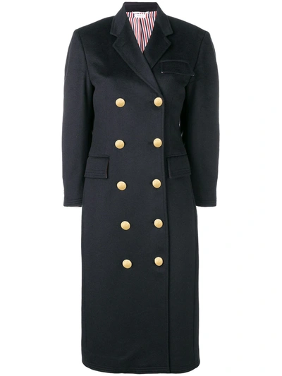 Thom Browne Double-breasted Mid-length Overcoat In Navy