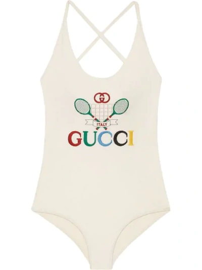 Gucci Embroidered Tennis Logo Swimsuit - 白色 In White