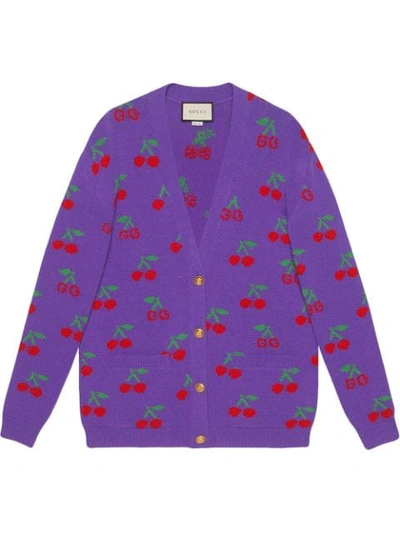 Gucci Gg & Cherry Intarsia Wool Knit Cardigan In Purple