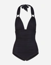 DOLCE & GABBANA SOLID-COLOR ONE-PIECE SWIMSUIT WITH PLUNGING NECKLINE