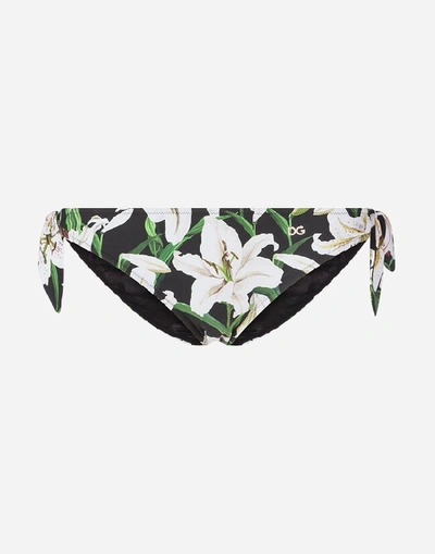 Dolce & Gabbana Lily-print Tie Bikini Bottoms In Black