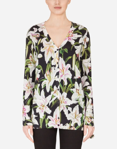 Dolce & Gabbana Oversize Silk Cardigan With Lily Print In Green