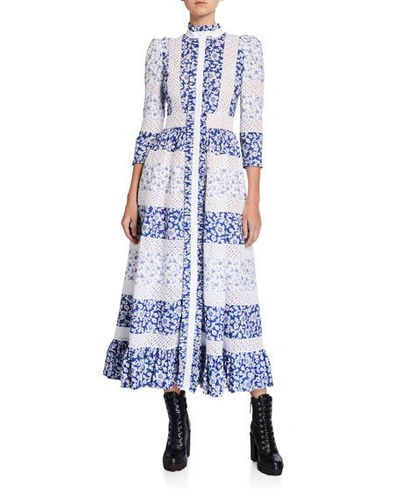 Alexander Mcqueen Crocheted Lace-trimmed Floral-print Cotton-poplin Maxi Dress In White,blue