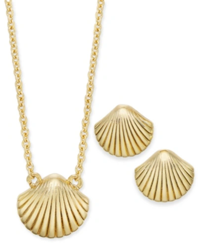 Kitsch Gold-tone Seashell Pendant Necklace & Stud Earrings Set, 17" + 1" Extender