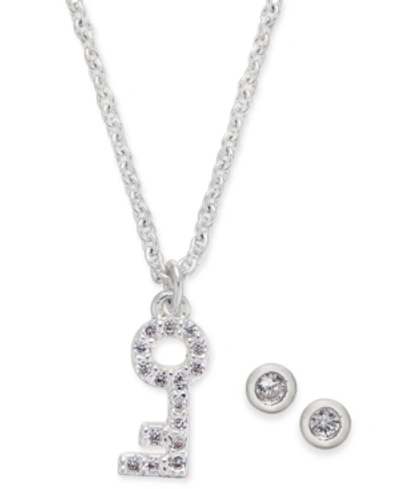 Kitsch Silver-tone Crystal Skeleton Key Pendant Necklace & Stud Earrings Set, 17" + 1" Extender