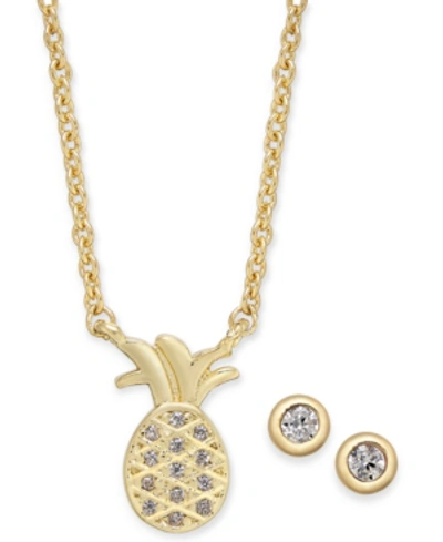 Kitsch Gold-tone Crystal Pineapple Pendant Necklace & Stud Earrings Set, 17" + 1" Extender