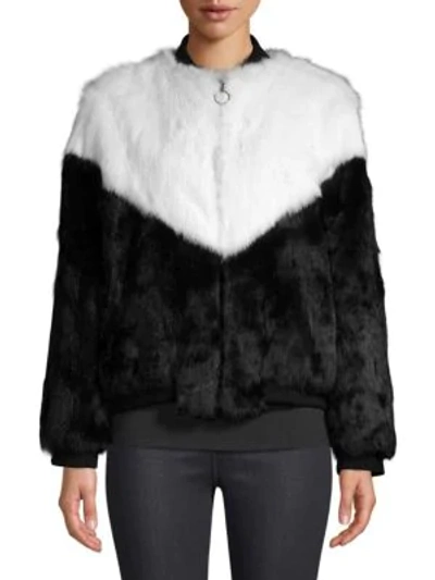 Adrienne Landau Colorblock Rabbit Fur Varsity Jacket In Black White