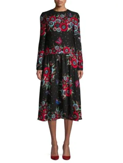 Valentino Floral Drop-waist Silk Midi Dress In Multi