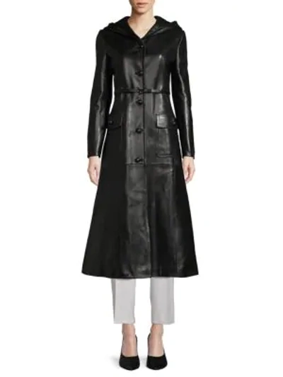 Valentino Hooded Leather Coat In Nero