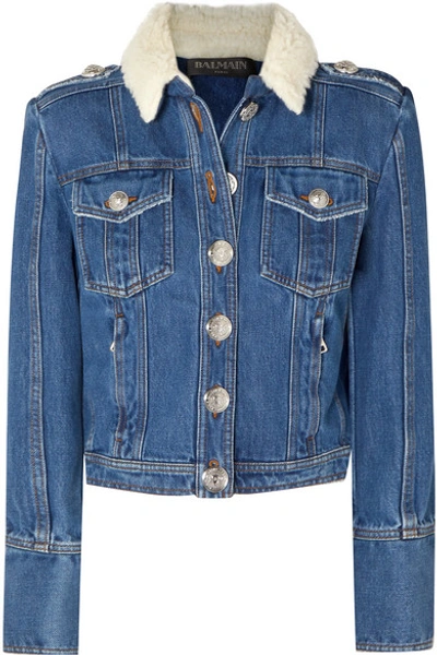Balmain Button-embellished Shearling-trimmed Denim Jacket In Blue
